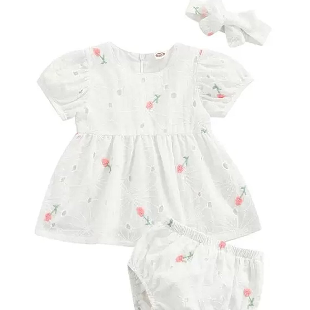 Eyelet Pink Embroidered Flower Cotton Baby White Dress, Bloomers, Headband 3pcs